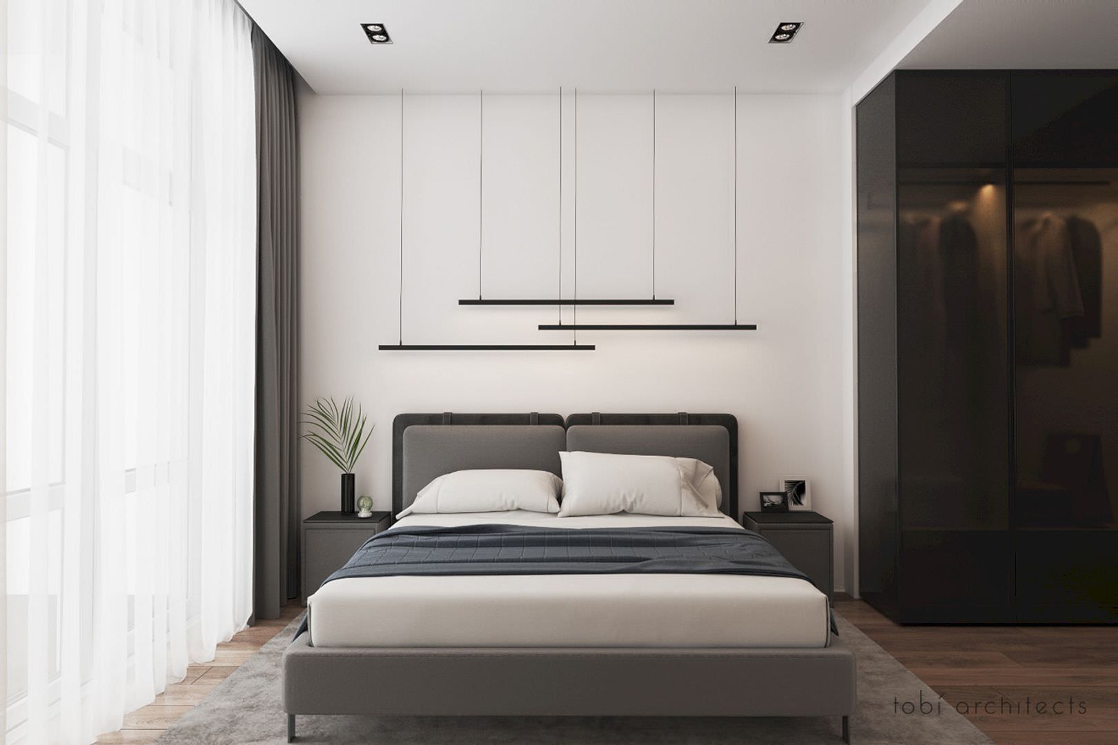 دکوارسیون اتاق خواب مدرن و ساده با تخت پارچه ای خاکستری که از تعادل نامتقارن در رنگ های تیره و روشن در آن استفاده شده است